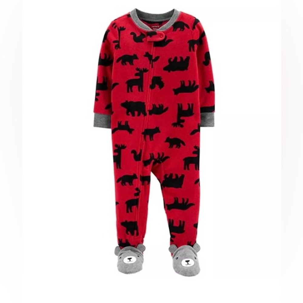 Toddler Carter's Woodland Creatures Fleece Footie Pajamas red black Sz 12m NWT